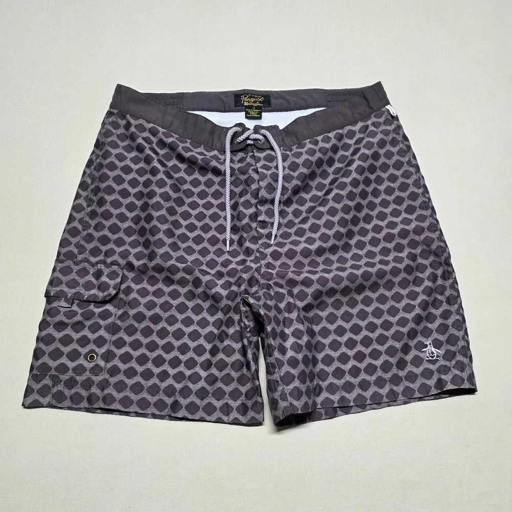 Original Penguin Men Brown Geometric Graphics Swim Trunks Size 30 Board Shorts